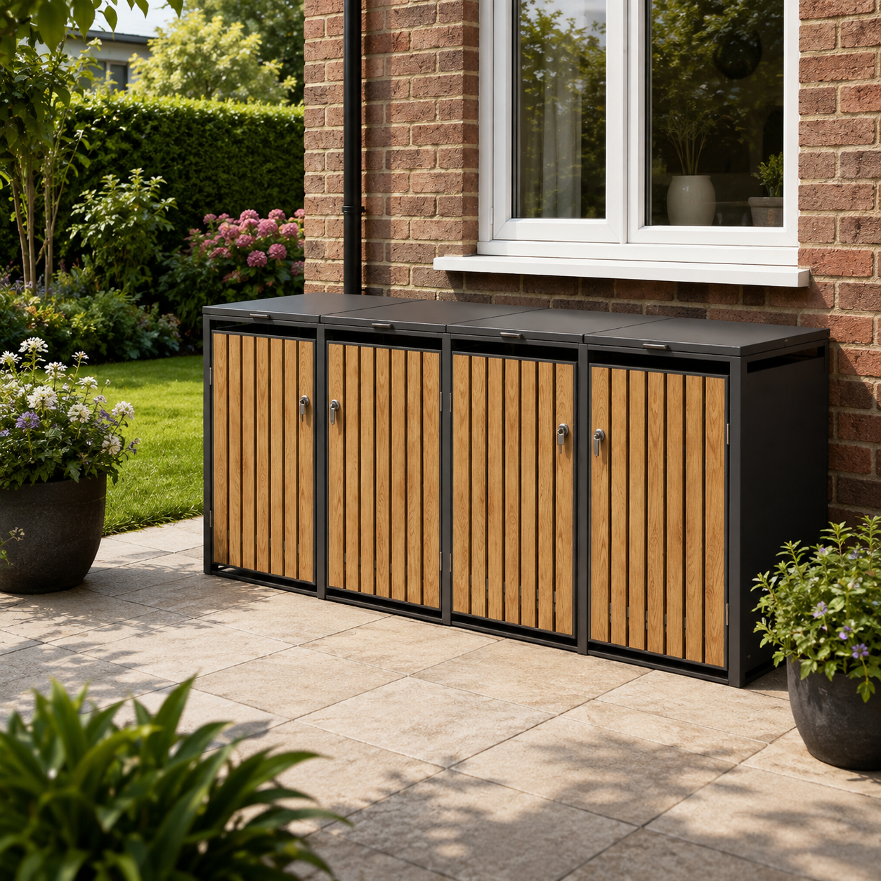 Wheelie Bin Shelter Premium – 4 Bay – Wood Effect Slats
